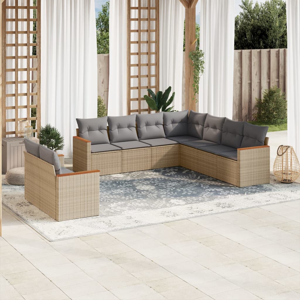 Vetonek Set de sofás de jardín 9 pzas con cojines ratán sintético beige