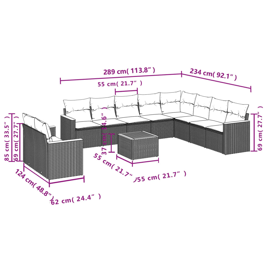 Set de sofás de jardín 11pzas con cojines ratán sintético beige