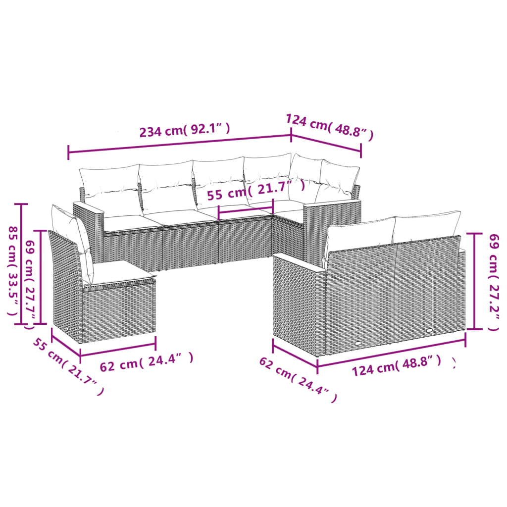 Set de sofás de jardín 8 pzas y cojines ratán sintético gris