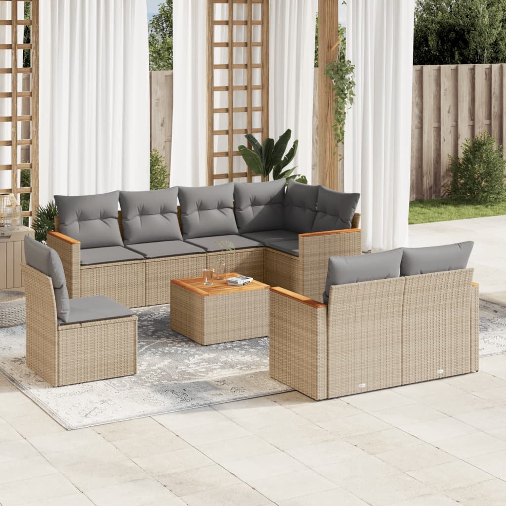 Vetonek Set de sofás de jardín 9 pzas con cojines ratán sintético beige