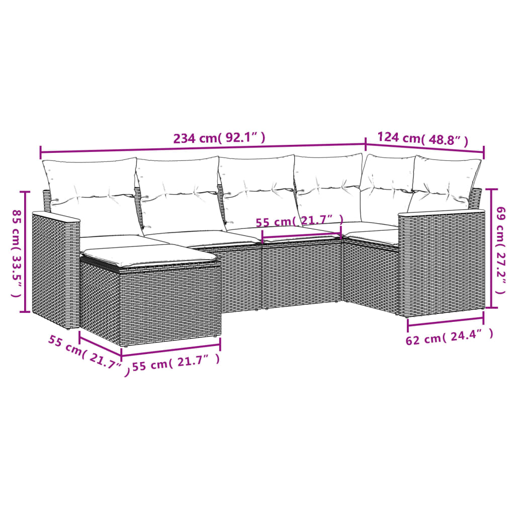 Les canapés de jardin se fixent 6 pièces et les coussins de rotin synthétique noirs