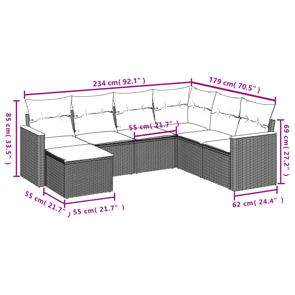 Conjunto de jantares de jardim 7 PCs e almofadas de vime sintético preto