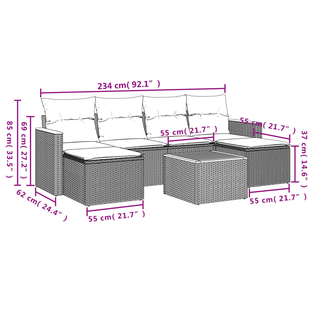 Garten -Ess -Set 7 PCs und schwarze synthetische Rattan -Kissen