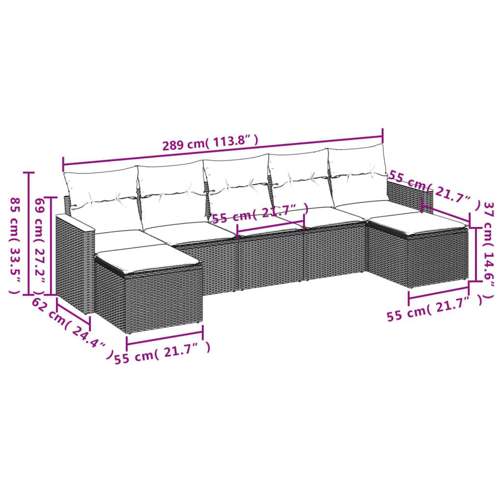 Set de comedor de jardín 7 pzas y cojines ratán sintético negro