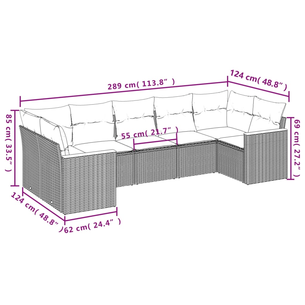 Garden dining set 7 pcs and black synthetic rattan cushions