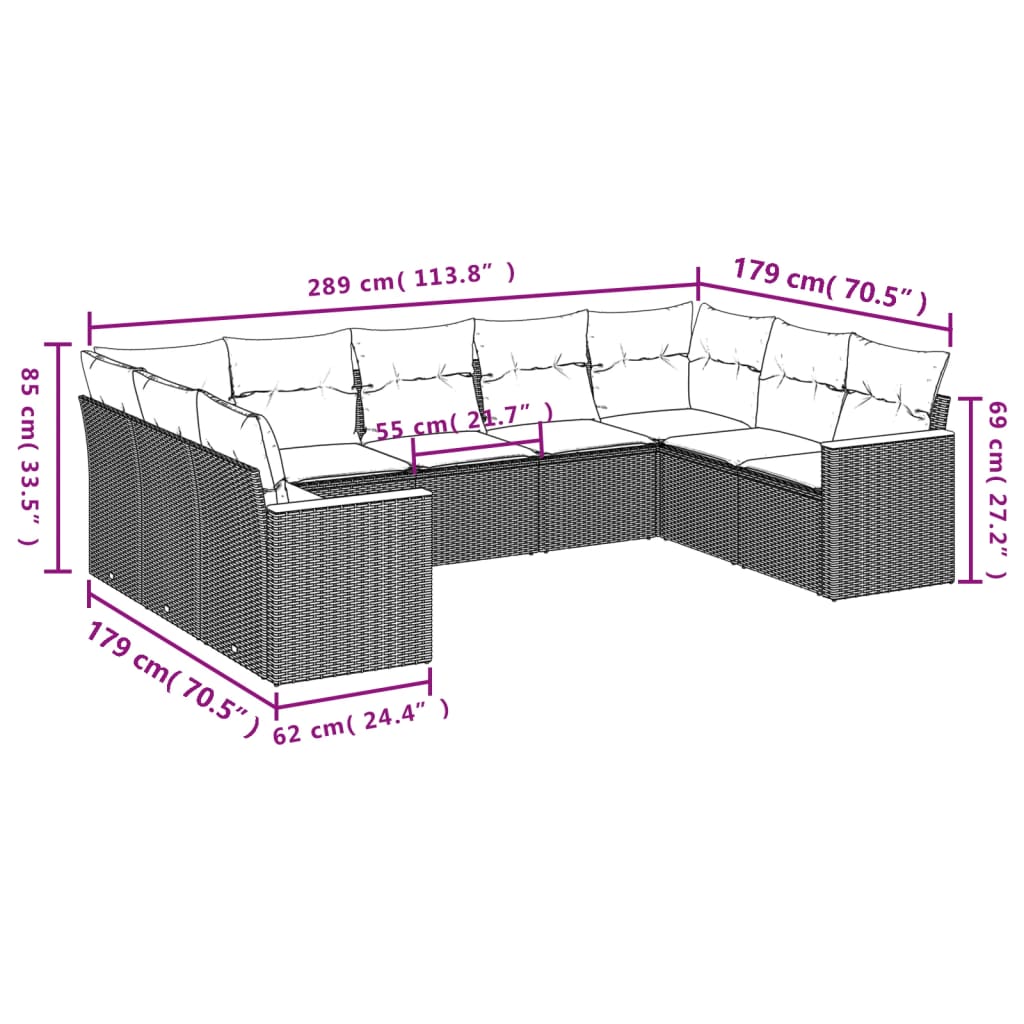 Set de muebles de jardín 9 pzas y cojines ratán sintético gris - Vetonek