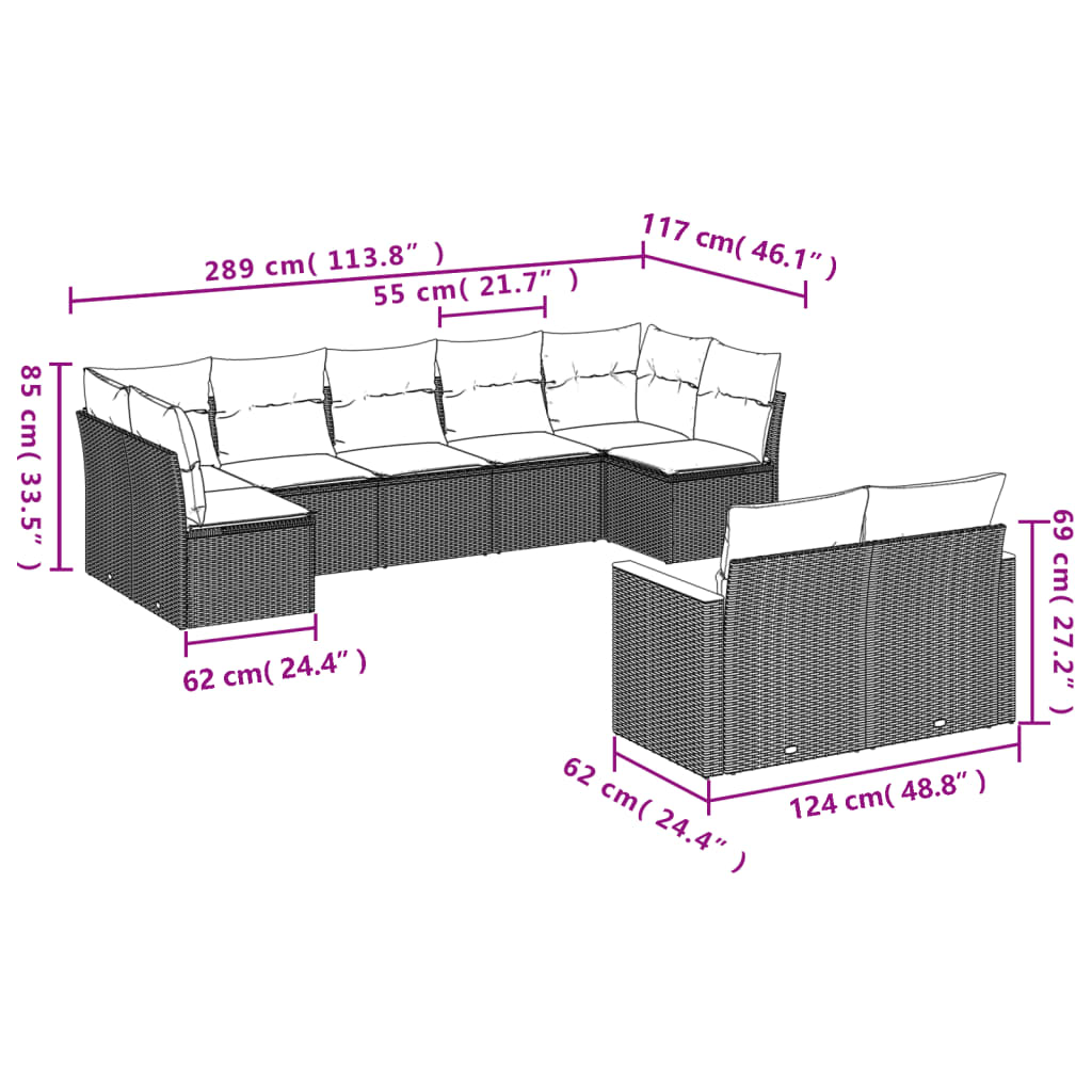 Les canapés de jardin réglent 9 pcs avec des coussins synthétiques beige