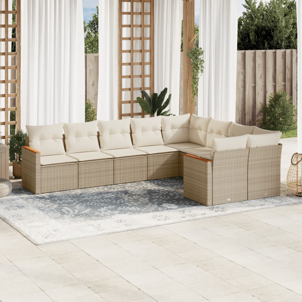 Vetonek Set de sofás de jardín 9 pzas con cojines ratán sintético beige