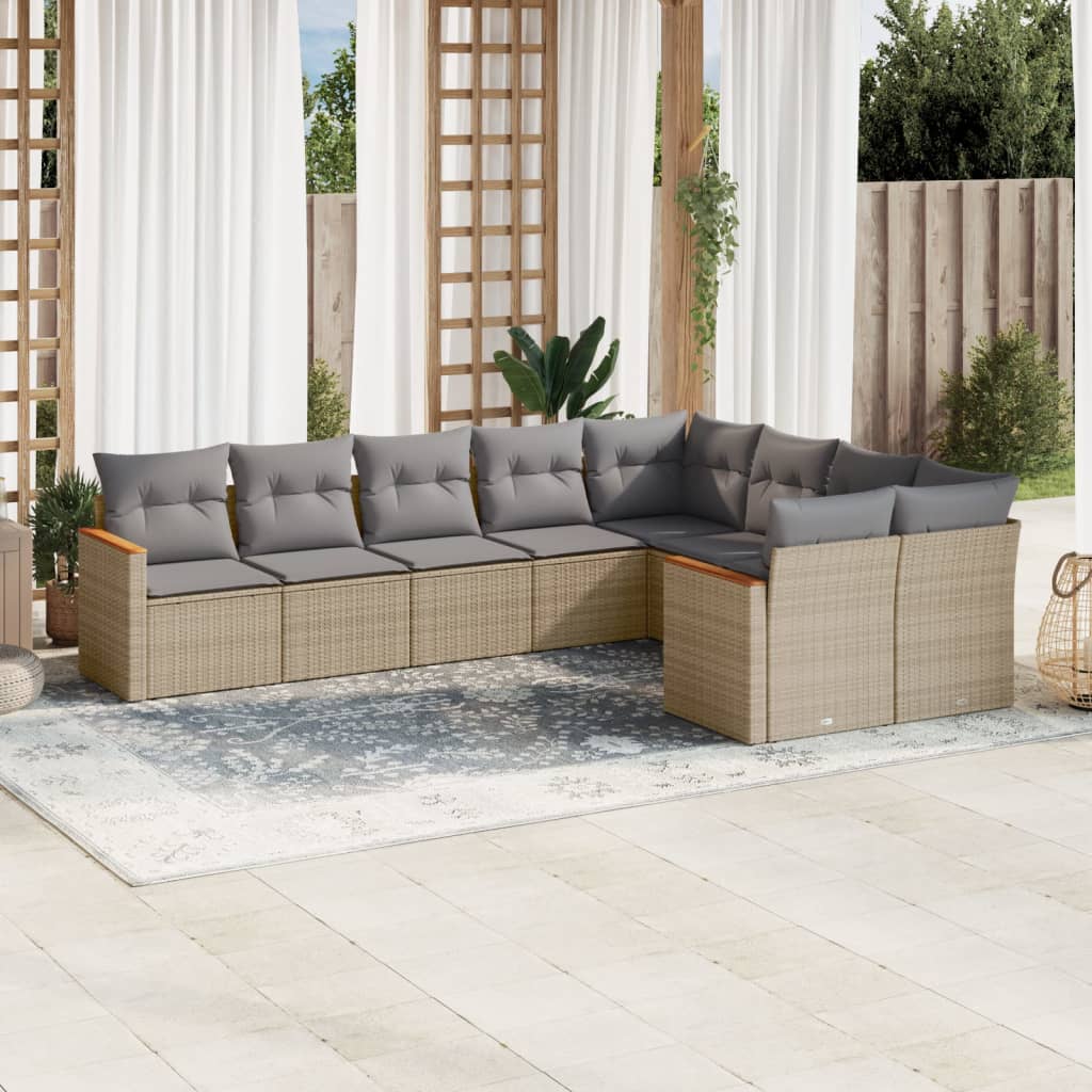 Vetonek Set de sofás de jardín 9 pzas con cojines ratán sintético beige