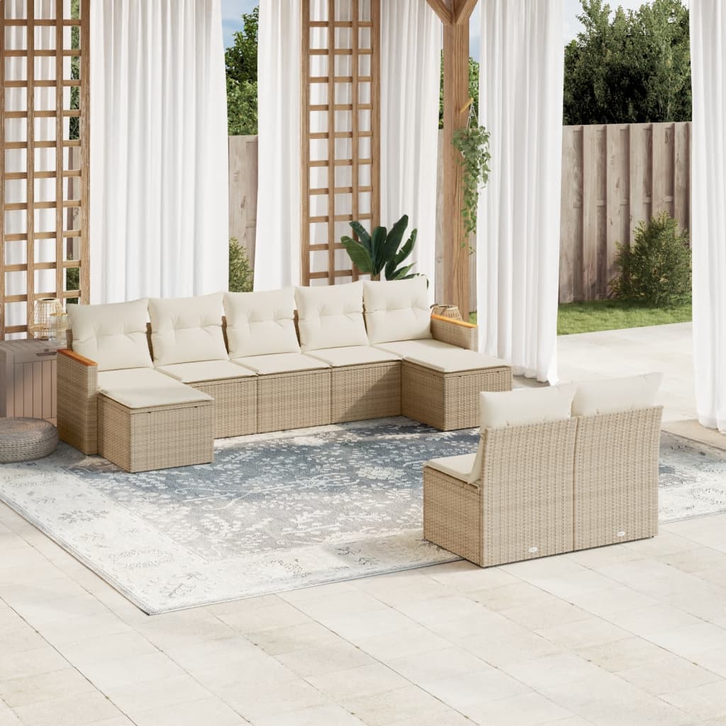 Vetonek Set de sofás de jardín 9 pzas con cojines ratán sintético beige