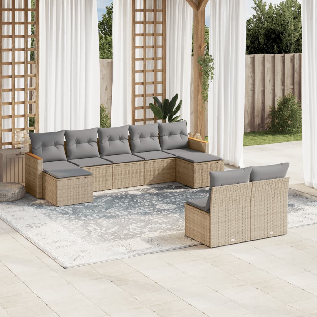 Vetonek Set de sofás de jardín 9 pzas con cojines ratán sintético beige