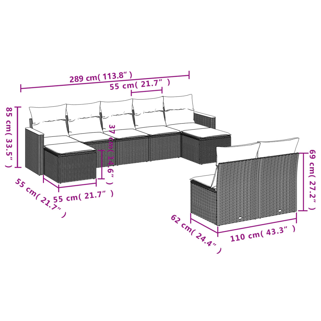 Set de muebles de jardín 9 pzas y cojines ratán sintético gris - Vetonek