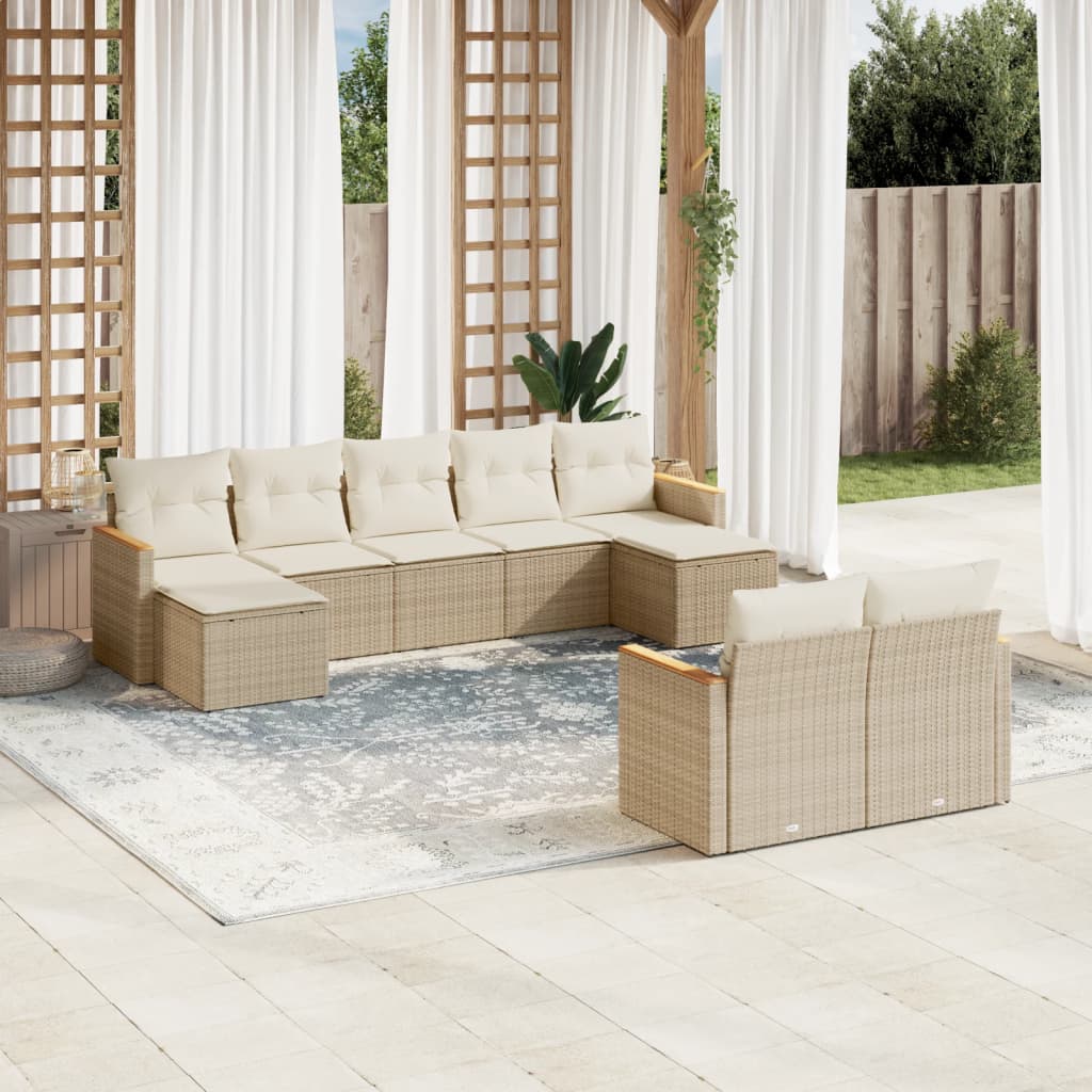 Vetonek Set de sofás de jardín 9 pzas con cojines ratán sintético beige