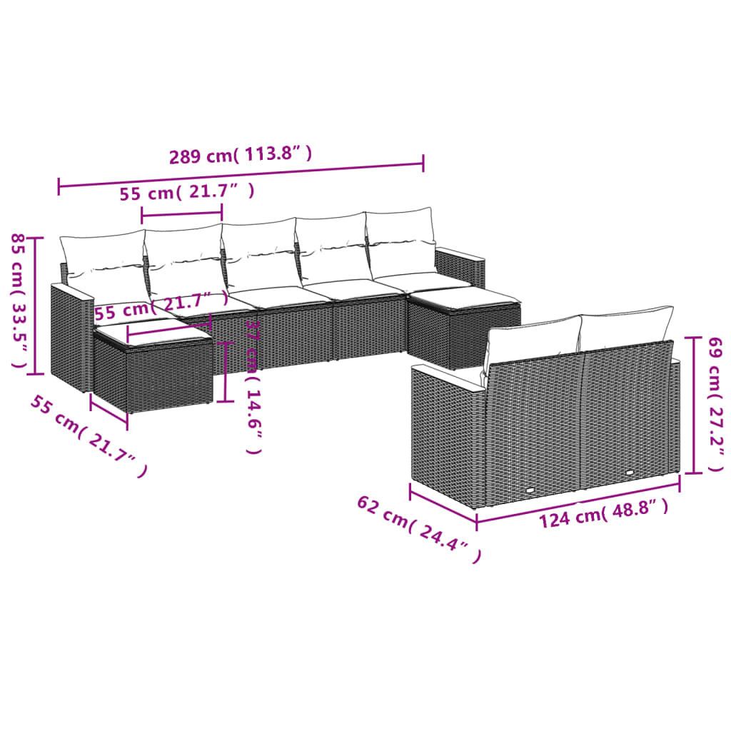 Garden Sofas Set 9 Pcs with Beige synthetic cushions