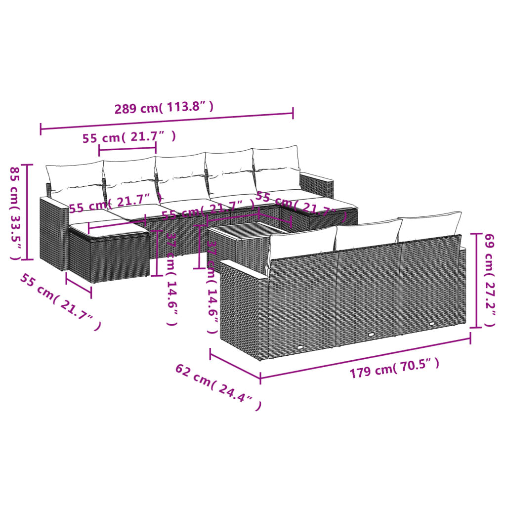 Set de sofás de jardín 11 pzas y cojines ratán sintético gris - Vetonek