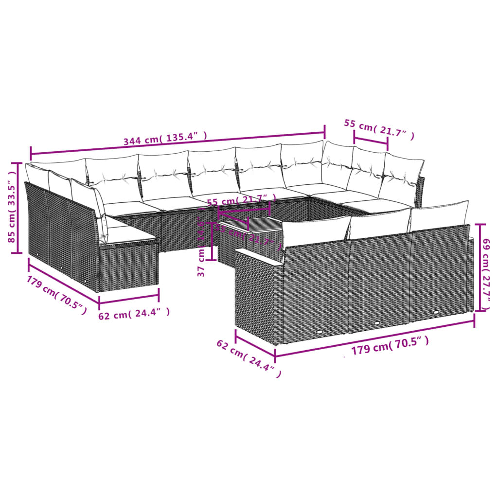 Sofás de jardim Conjunto de 14 PCs com almofadas de vime sintético preto