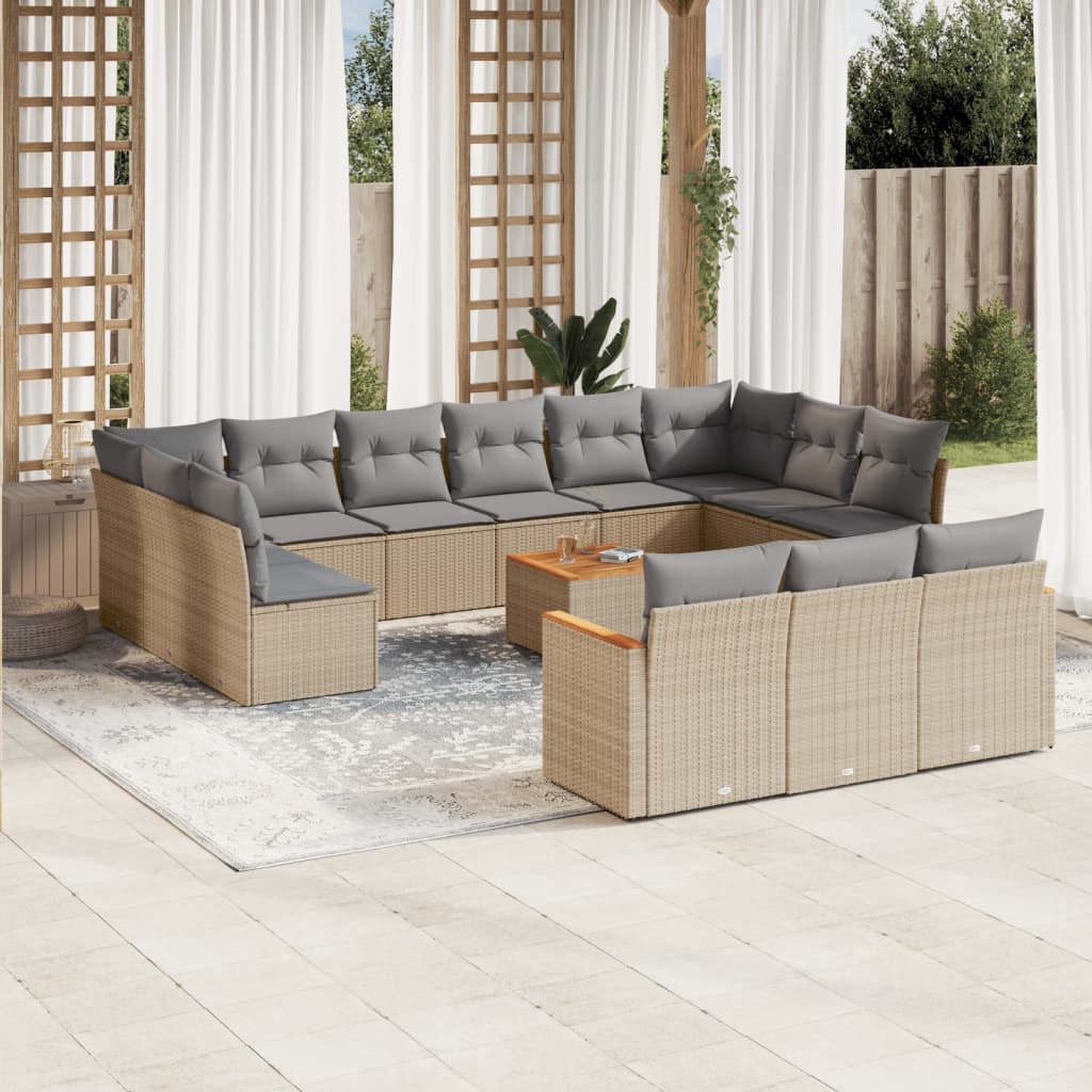 Set sofás de jardín 14 pzas con cojines ratán sintético beige