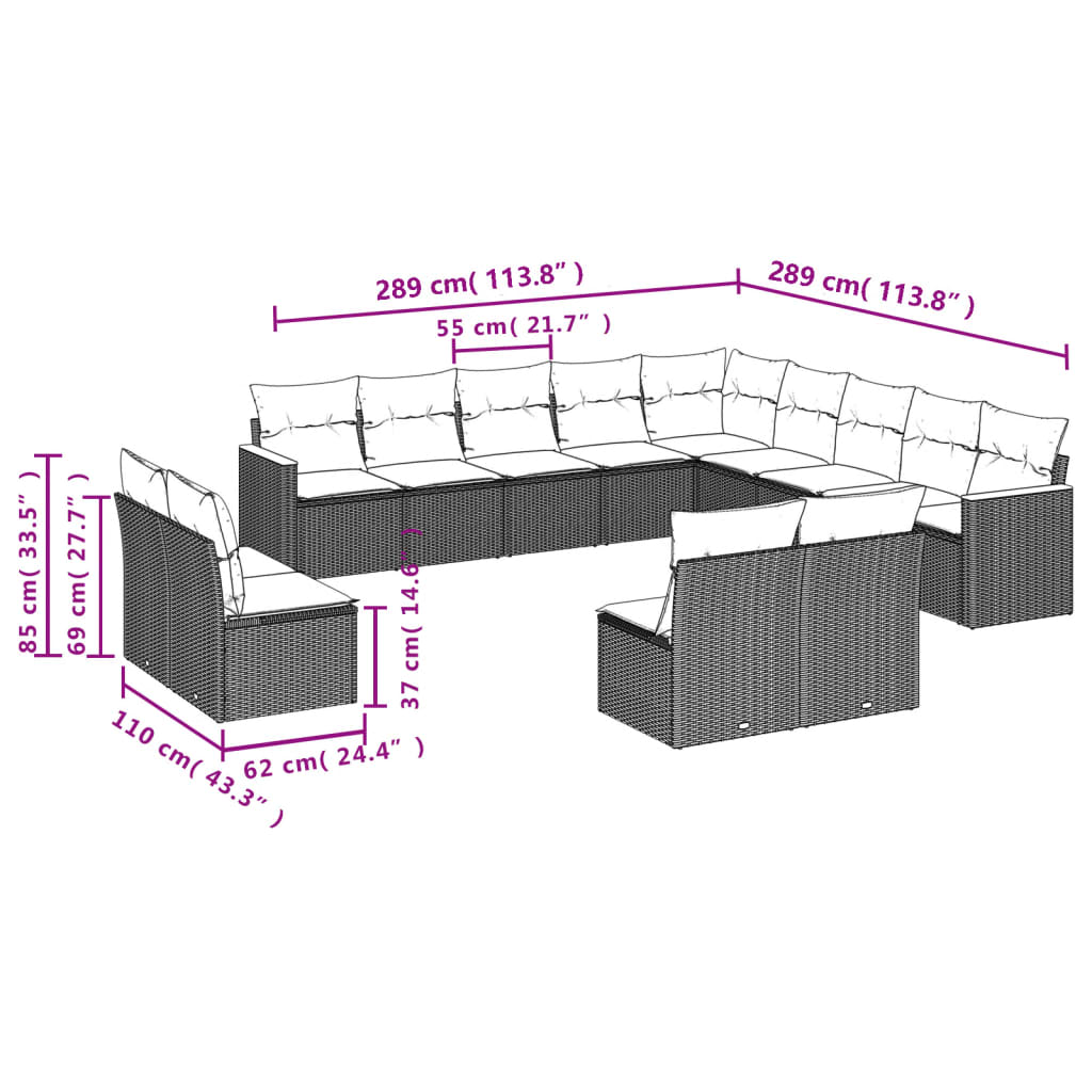 Set de sofás de jardín y cojines 13 pzas ratán sintético negro