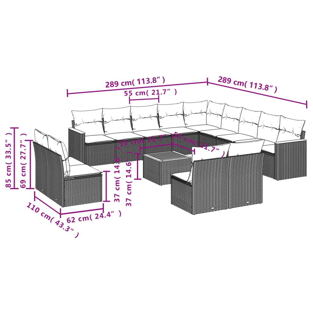 Sofás de jardim Conjunto de 14 PCs com almofadas de vime sintético preto