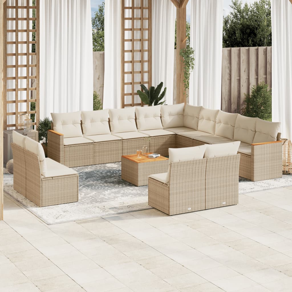 Set sofás de jardín 14 pzas con cojines ratán sintético beige