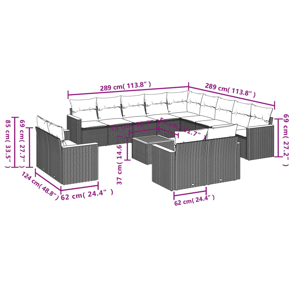 Sofás de jardim Conjunto de 14 PCs com almofadas de vime sintético preto