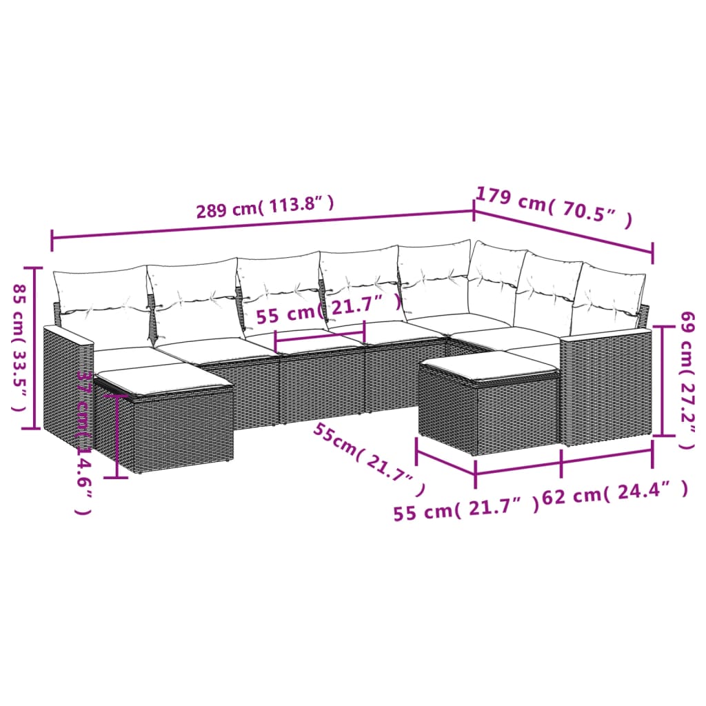 Set de sofás de jardín 9 pzas con cojines ratán sintético beige - Vetonek