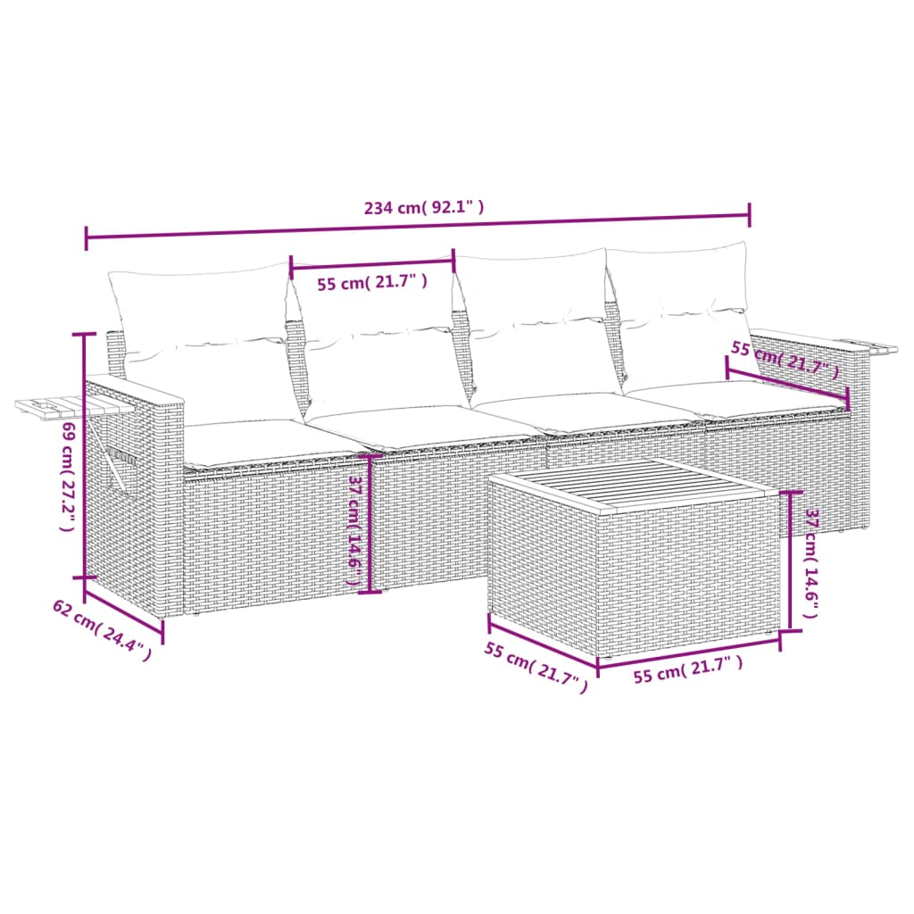 Conjunto de móveis de jardim 5 PCs e almofadas sintéticas pretas