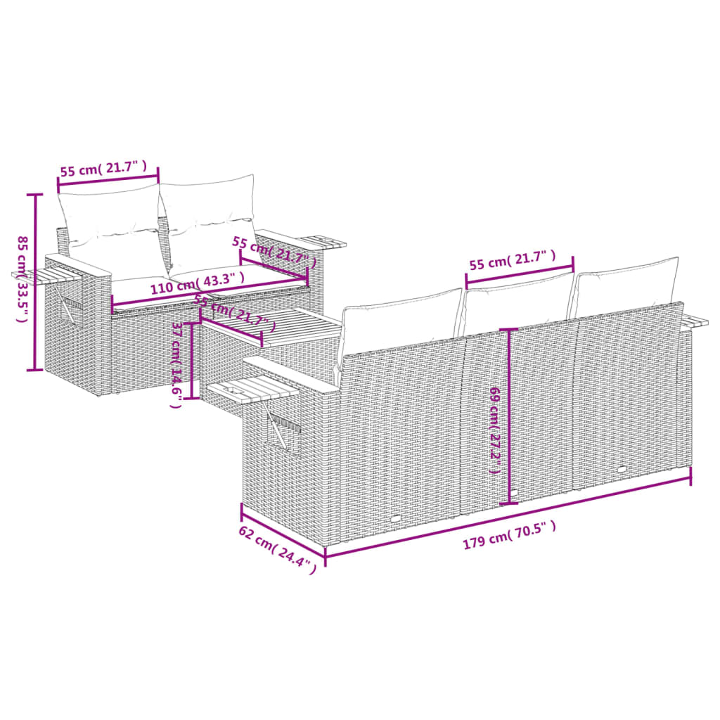 Garden furniture set 6 pcs and gray synthetic rattan cushions