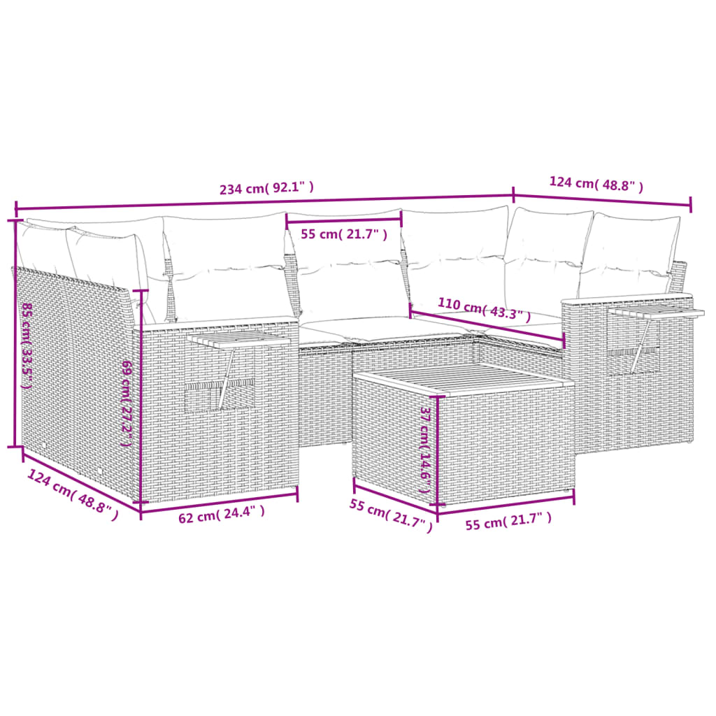 Set sofás de jardín 7 piezas y cojines ratán sintético beige - Vetonek