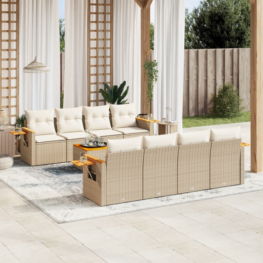 Vetonek Set de sofás de jardín 9 pzas con cojines ratán sintético beige