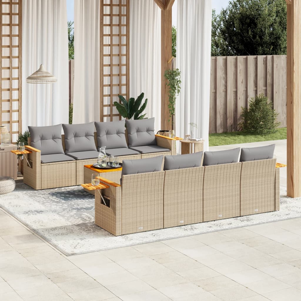 Vetonek Set de sofás de jardín 9 pzas con cojines ratán sintético beige