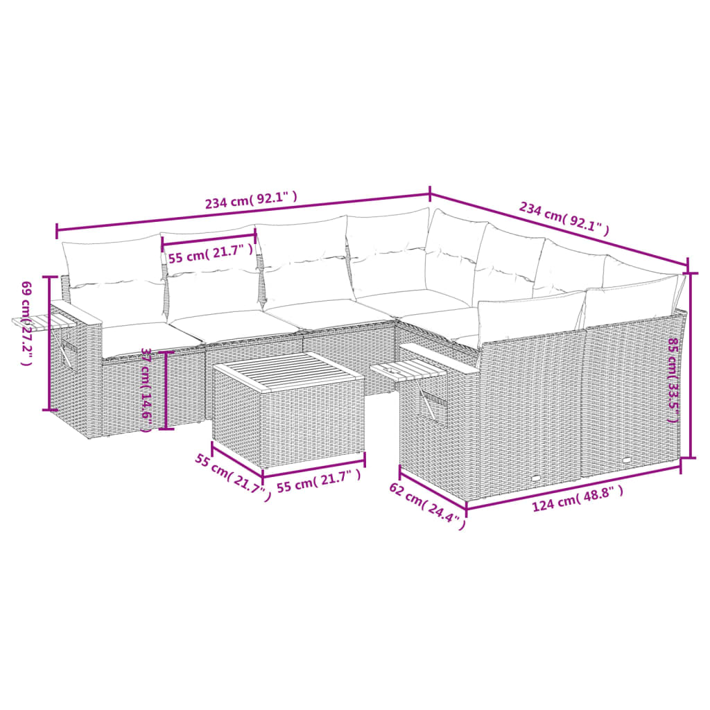 Set de muebles de jardín 9 pzas y cojines ratán sintético gris - Vetonek