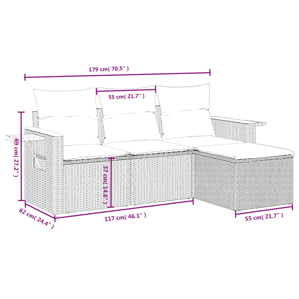 Set de sofás de jardín 4 pzas y cojines ratán sintético gris - Vetonek