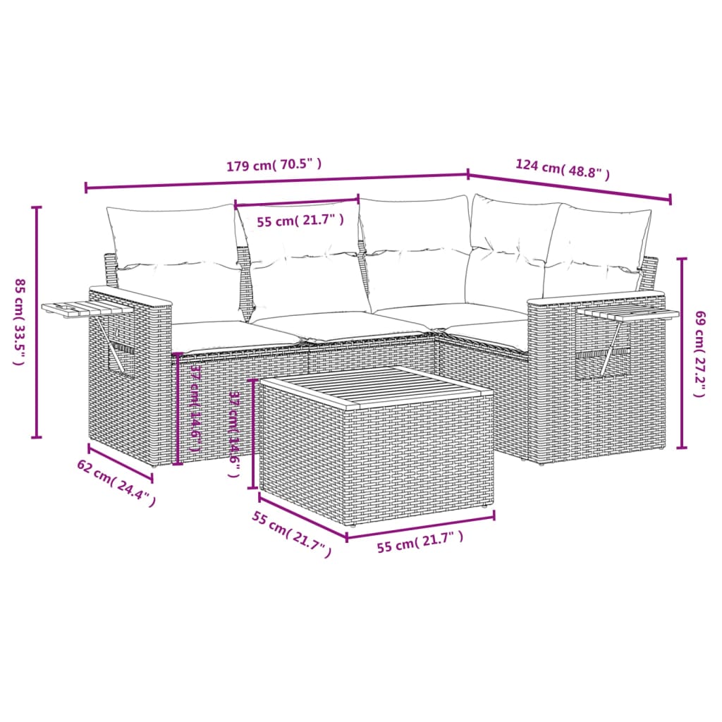 Conjunto de móveis de jardim 5 PCs e almofadas sintéticas pretas