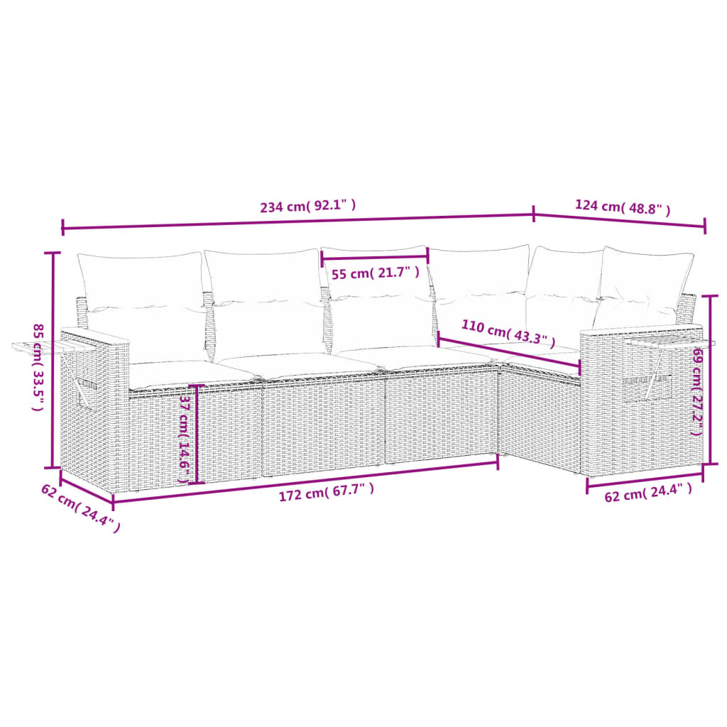 Conjunto de móveis de jardim 5 PCs e almofadas sintéticas pretas