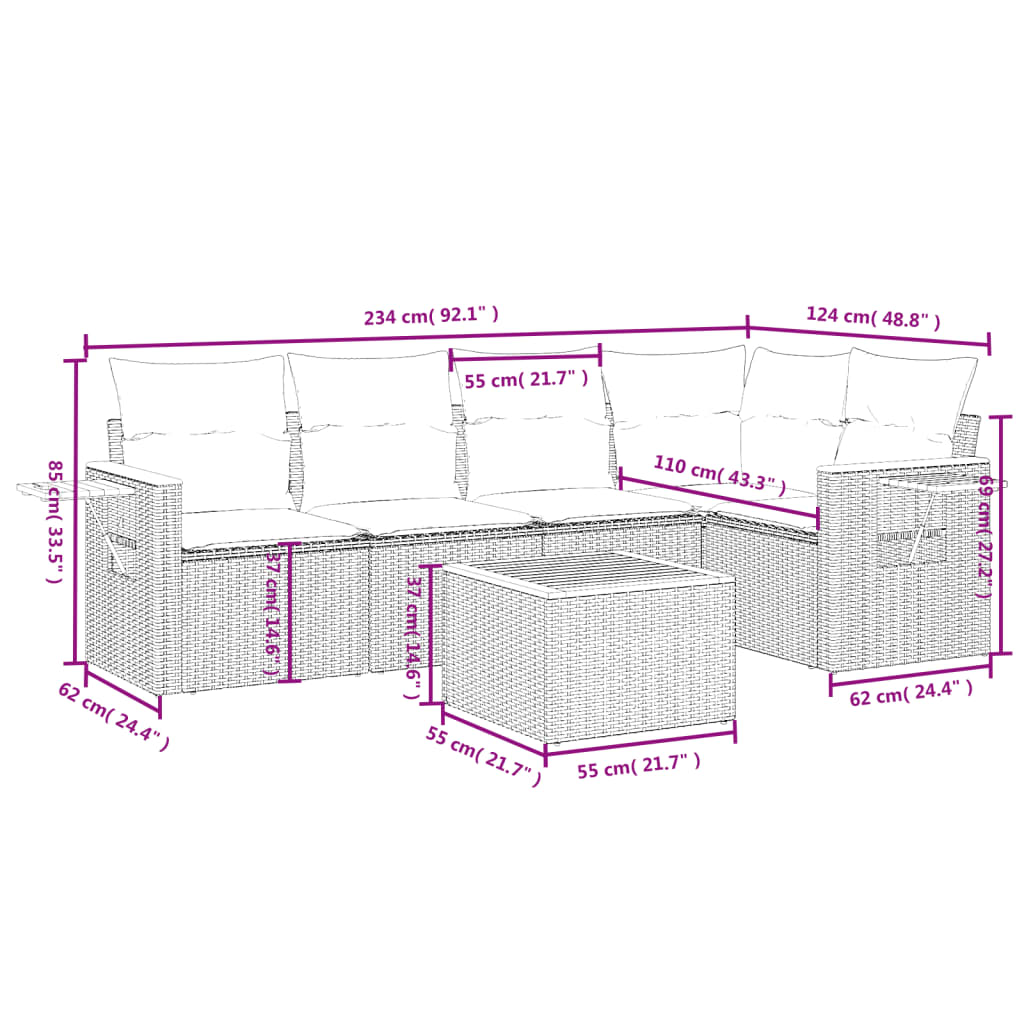 Set de muebles de jardín 6 pzas y cojines ratán sintético gris - Vetonek