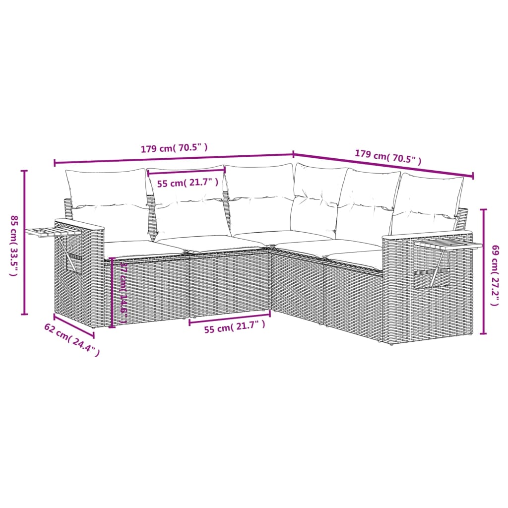 Conjunto de móveis de jardim 5 PCs e almofadas sintéticas pretas