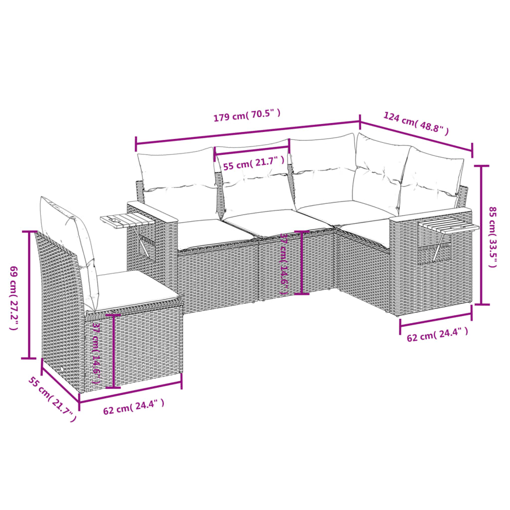 Conjunto de móveis de jardim 5 PCs e almofadas sintéticas pretas