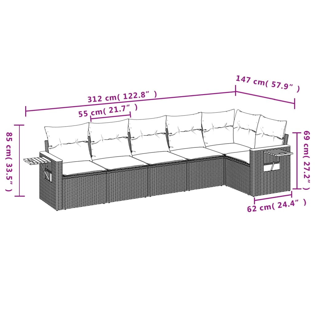 Les canapés de jardin se fixent 6 pièces et les coussins de rotin synthétique noirs