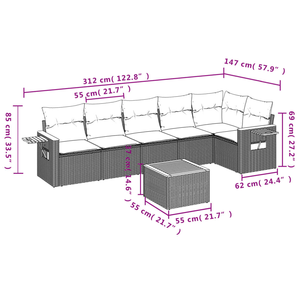 Set de comedor de jardín 7 pzas y cojines ratán sintético negro