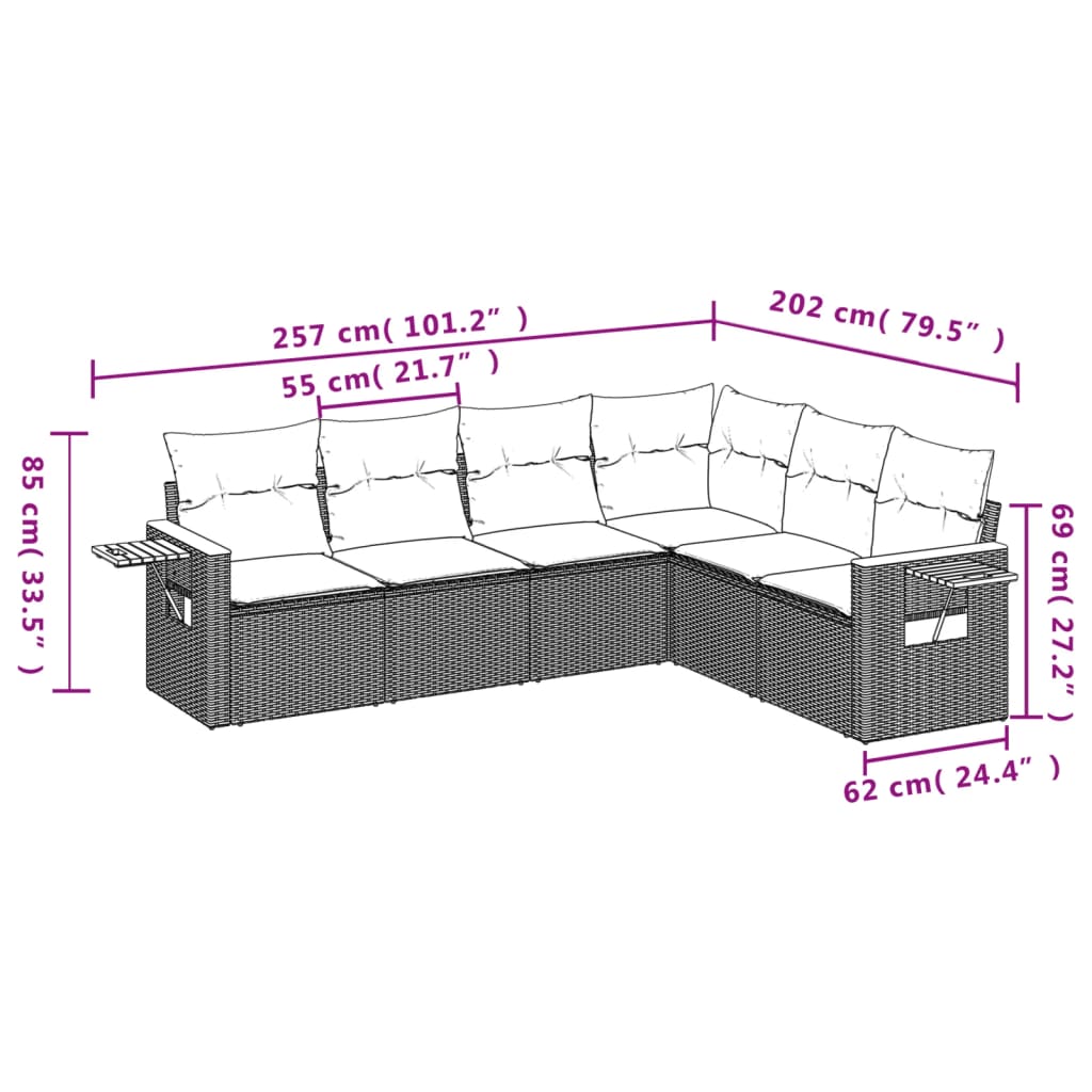 Les canapés de jardin se fixent 6 pièces et les coussins de rotin synthétique noirs