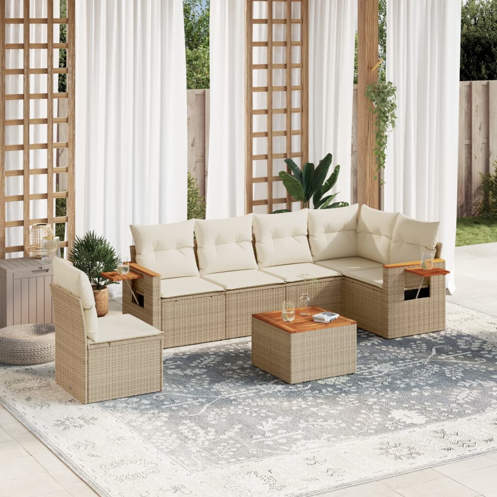 Set sofás de jardín 7 piezas y cojines ratán sintético beige