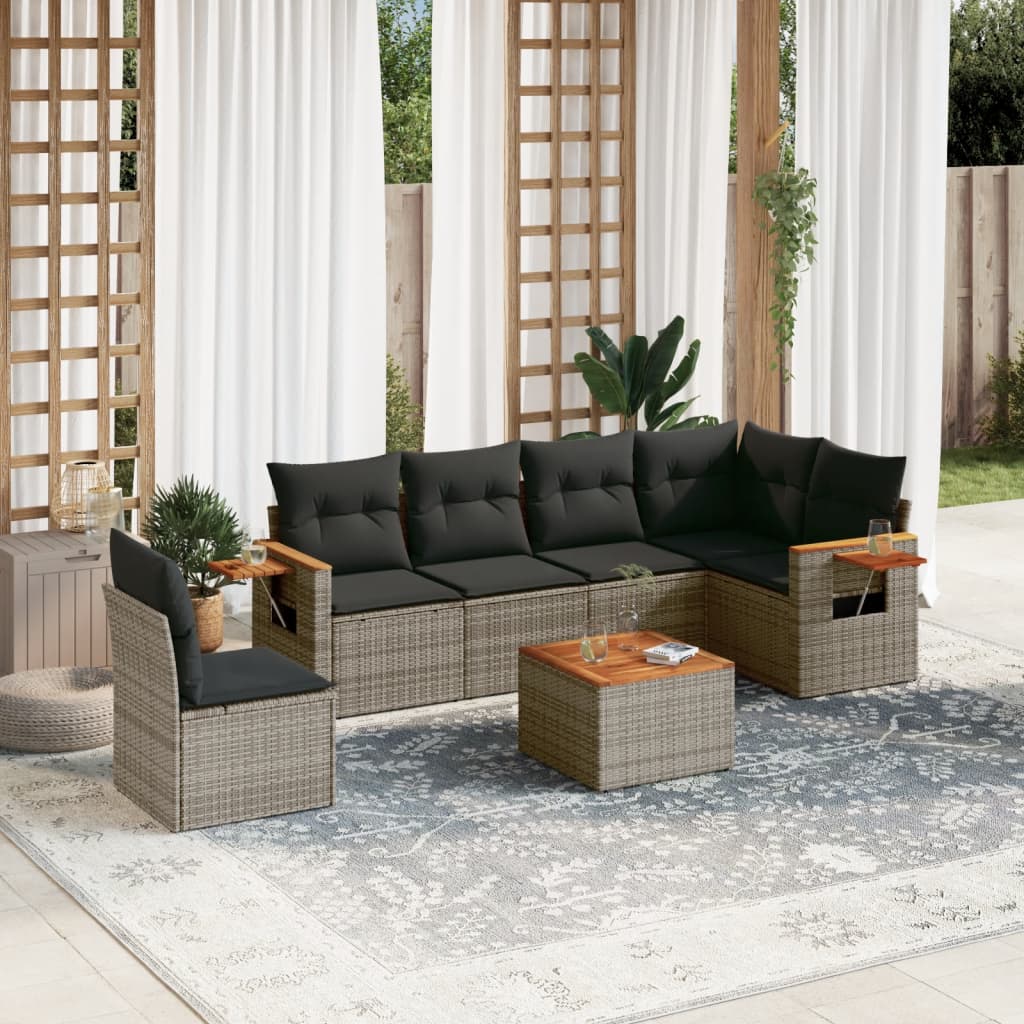 Garden Sofas Set 7 pieces with gray rattan cushions