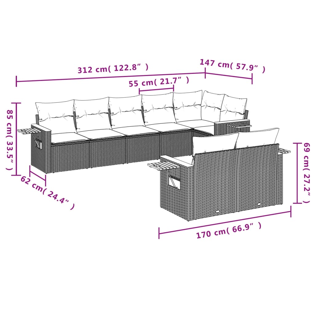 Set de sofás de jardín 8 pzas y cojines ratán sintético gris - Vetonek