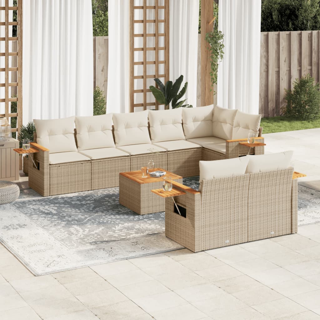 Vetonek Set de sofás de jardín 9 pzas con cojines ratán sintético beige