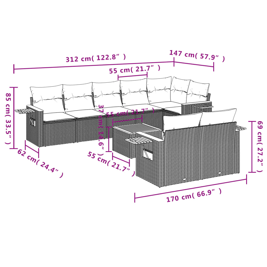 Set de sofás de jardín 9 pzas con cojines ratán sintético beige - Vetonek