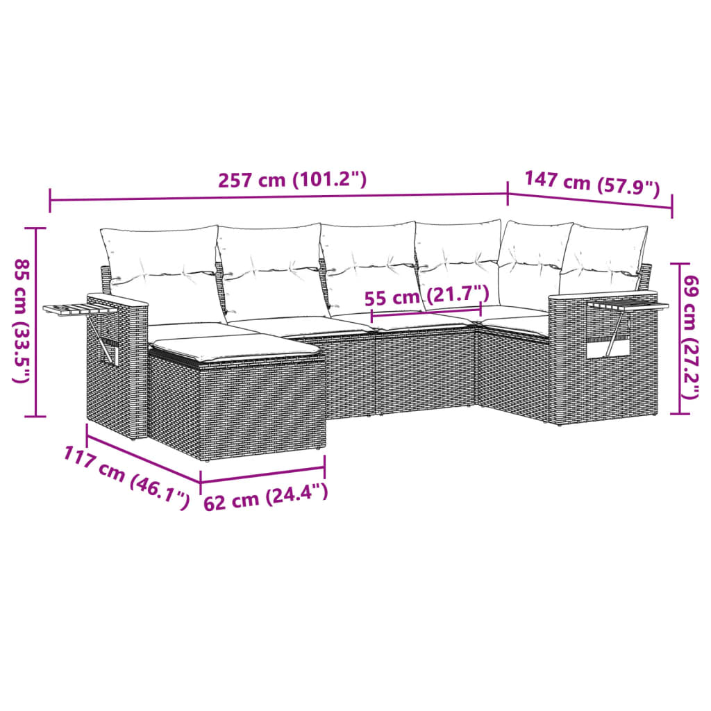 Les canapés de jardin se fixent 6 pièces et les coussins de rotin synthétique noirs