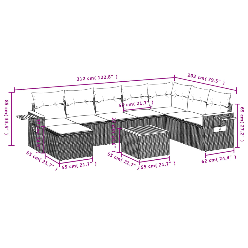 Les canapés de jardin réglent 9 pcs avec des coussins synthétiques beige