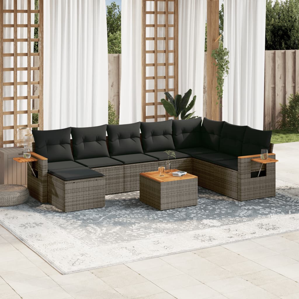 Vetonek Set de muebles de jardín 9 pzas y cojines ratán sintético gris