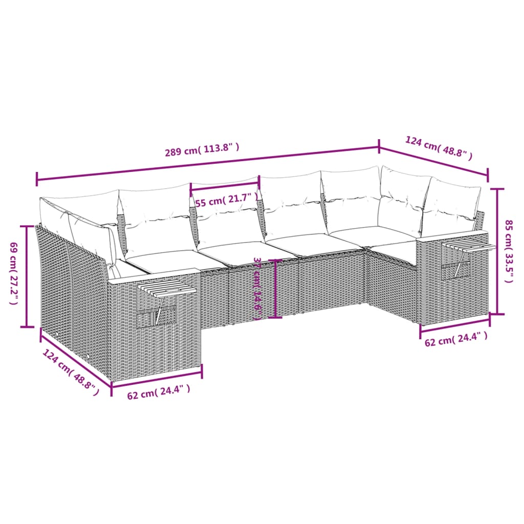 Set de sofás de jardín 7 piezas con cojines ratán PE gris